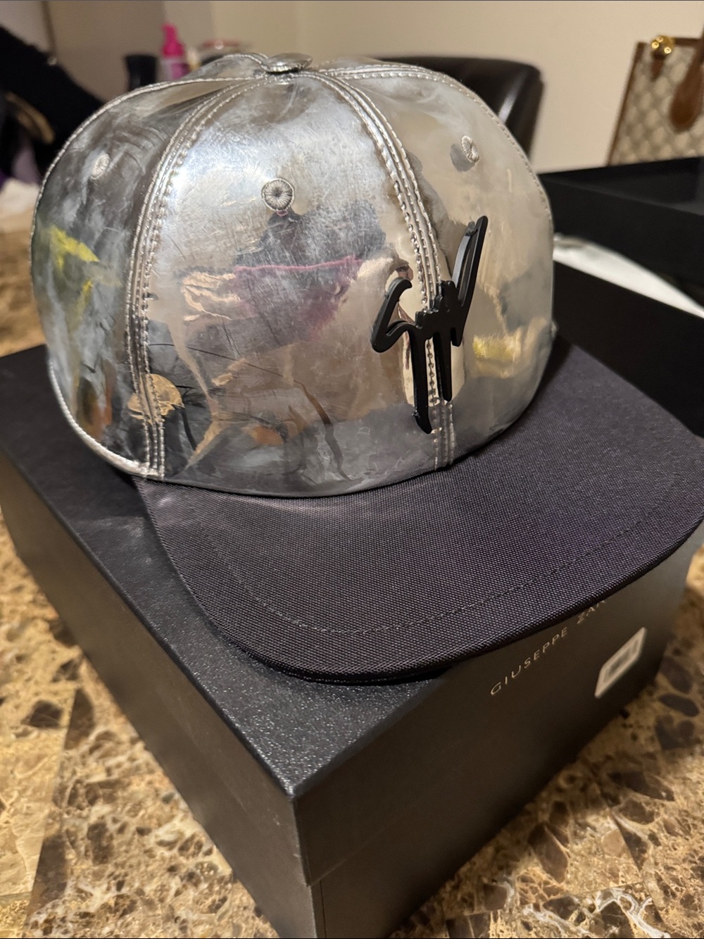 Giuseppe Zanotti Silver Metallic Crown with Black Brim Baseball Cap